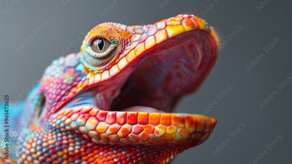 Fototapeta premium A tight shot of a vibrant lizard's head, revealing an open mouth and extended tongue