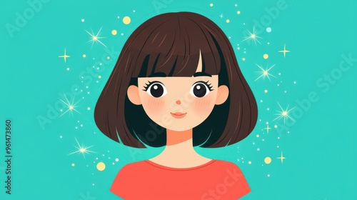 A chic girl flaunts her trendy brown bob haircut in this vibrant, modern flat cartoon illustration with stylish textures.