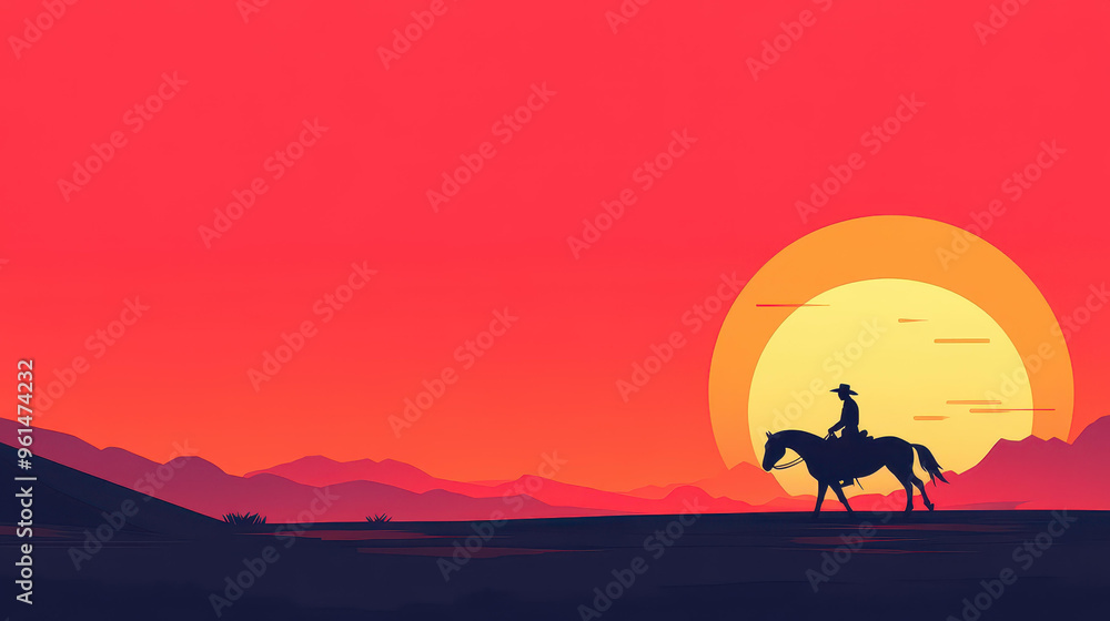 A striking silhouette of a cowboy on horseback under a vivid red sunset, embodying the Wild Wests spirit in style. A striking silhouette of a cowboy on horseback under a vivid red sunset, embodying the Wild Wests spirit in style.