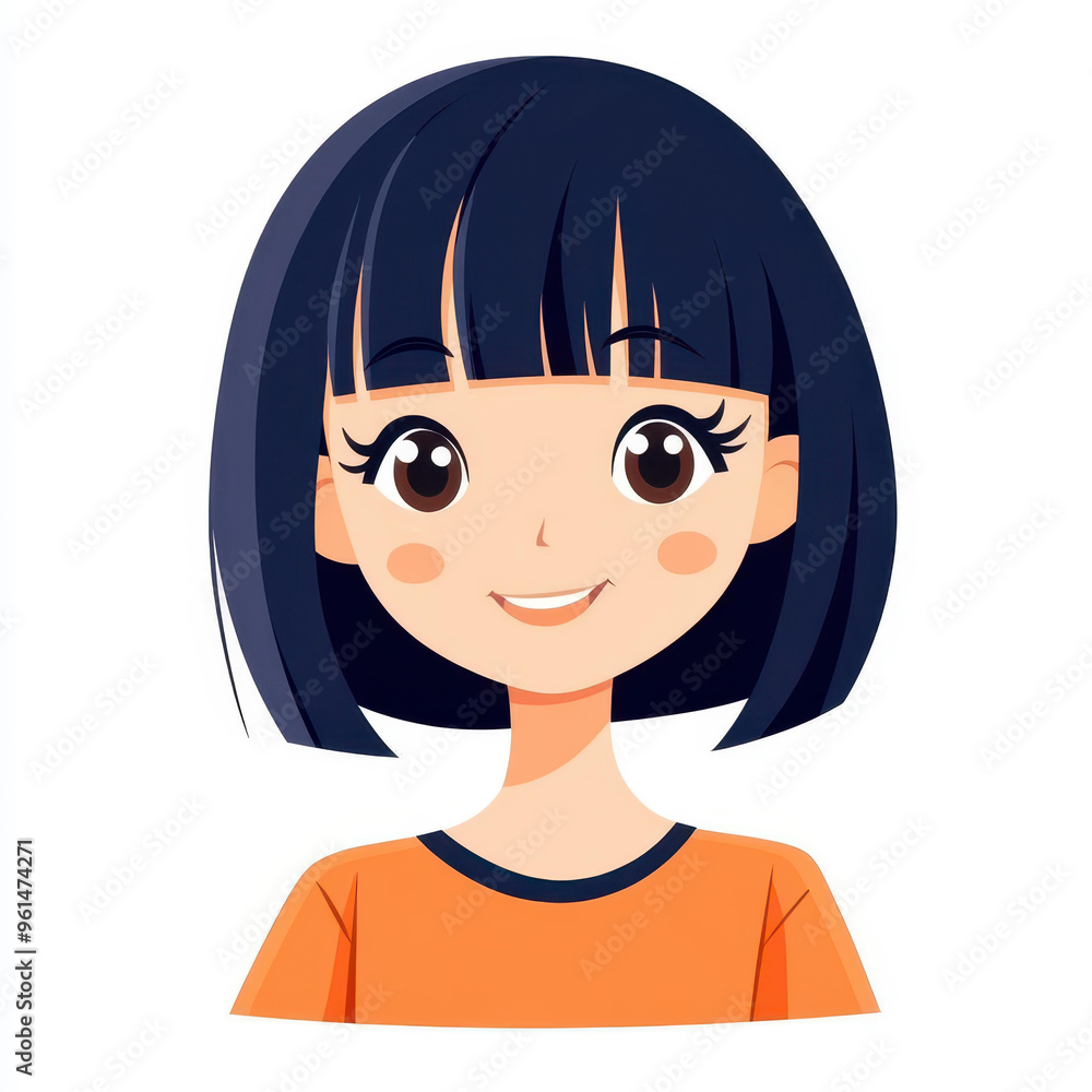A cheerful Japanese woman with a bob cut hairstyle, depicted in a simple flat vector style against a clean white backdrop.