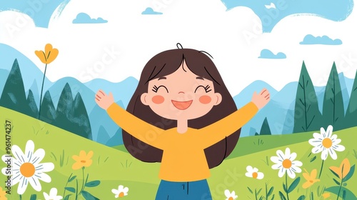 A cheerful girl frolics in a vibrant countryside, embracing nature with joy in this modern flat cartoon illustration.