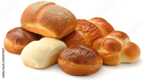 Freshly Baked Bread Loaves. Various Shapes and Textures, Isolated on White Background