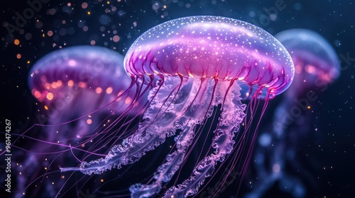 majestic purple jellyfish floating in deep azure waters bioluminescent tendrils trailing ethereal grace underwater scene with subtle light rays penetrating depths photo