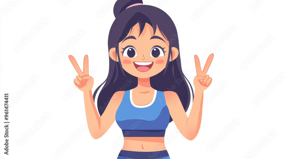 Cheerful cartoon woman in blue sportswear poses with a peace sign for a fun selfie against a clean white backdrop. Cheerful cartoon woman in blue sportswear poses with a peace sign for a fun selfie against a clean white backdrop.