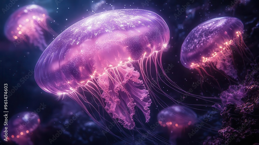 majestic purple jellyfish floating in deep azure waters bioluminescent tendrils trailing ethereal grace underwater scene with subtle light rays penetrating depths majestic purple jellyfish floating in deep azure waters bioluminescent tendrils trailing ethereal grace underwater scene with subtle light rays penetrating depths