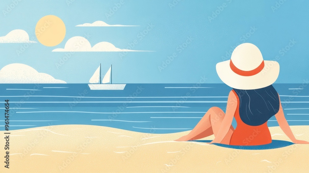 A lady enjoys the summer breeze at the beach, seated with a serene view of the waves and soft sands. A lady enjoys the summer breeze at the beach, seated with a serene view of the waves and soft sands.