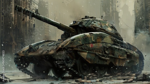 A military tank sits in a destroyed city, its turret facing forward, as snow falls in the background.