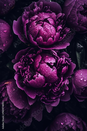 Cluster of purple flowers with water droplets