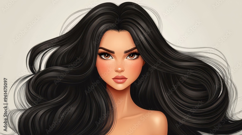 A stunning cartoon girl with long, dark hair, evoking a sense of mystery and charm in her enchanting world. A stunning cartoon girl with long, dark hair, evoking a sense of mystery and charm in her enchanting world.