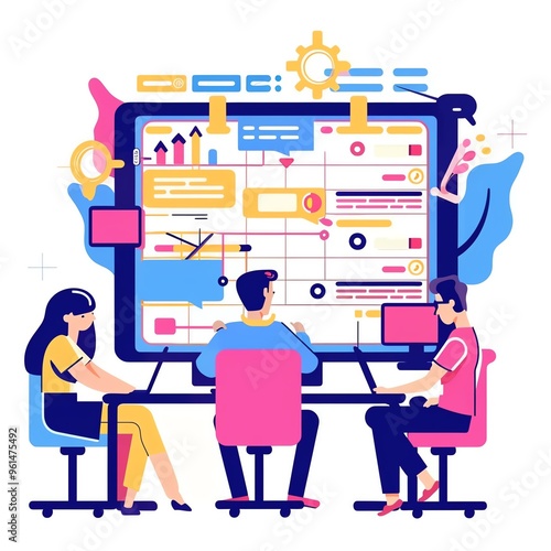 Agile software development, team sprint planning, flat design illustration