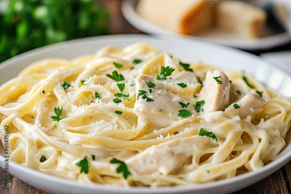 A creamy chicken Alfredo pasta with fettuccine, garnished with parsley and Parmesan A creamy chicken Alfredo pasta with fettuccine, garnished with parsley and Parmesan