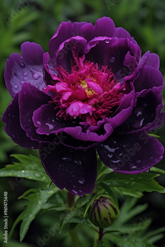 Close up of purple flower with water drops