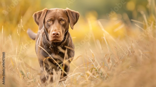  A tight shot of a dog in a field, surrounded by tall grass in the foreground, and trees in the distant background