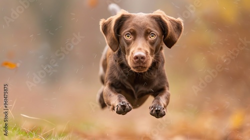 A brown dog jumps with its front paws raised