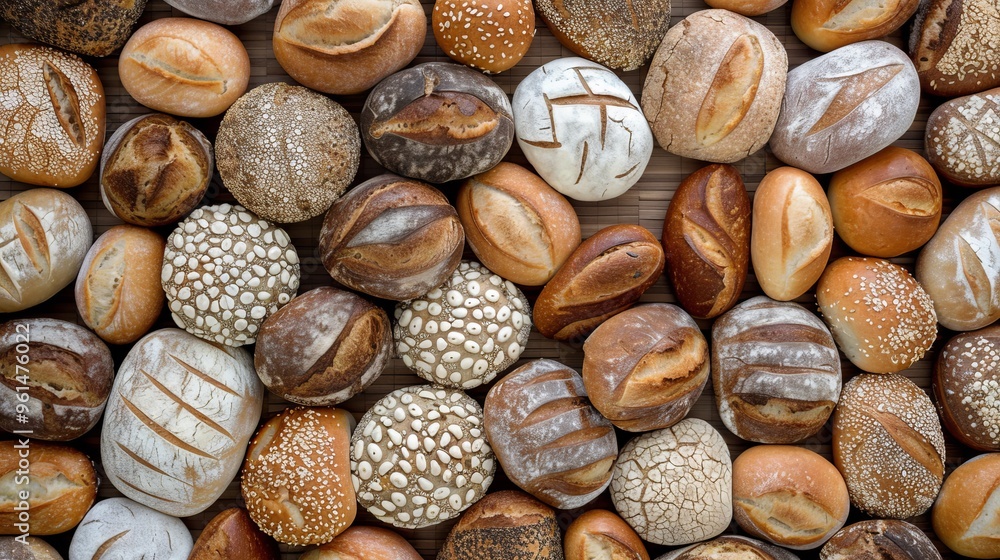 Assortment of Freshly Baked Bread Loaves with Various Shapes, Textures, and Crusts, Overhead View Assortment of Freshly Baked Bread Loaves with Various Shapes, Textures, and Crusts, Overhead View