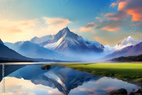 The beauty of nature captured the quiet scene of the reflection of the peak mountain Generative AI