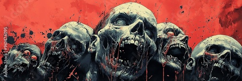 A disturbing illustration featuring decaying skulls in a bloody, gory setting, portraying a sense of dread and morbidity, perfect for horror-themed designs. photo