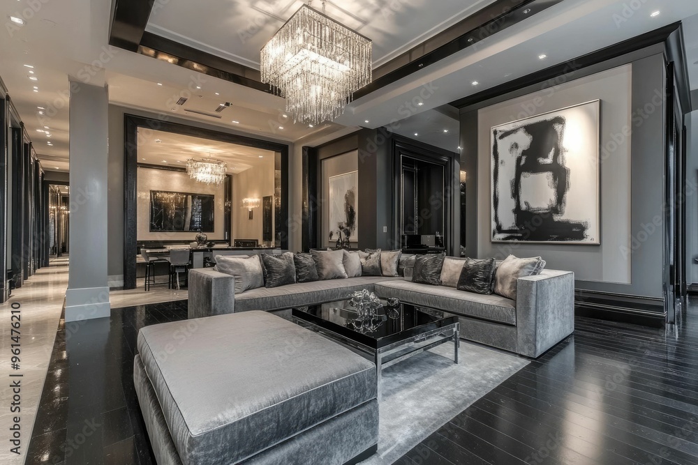 Fototapeta premium Elegant modern living room featuring plush seating and artistic decor.