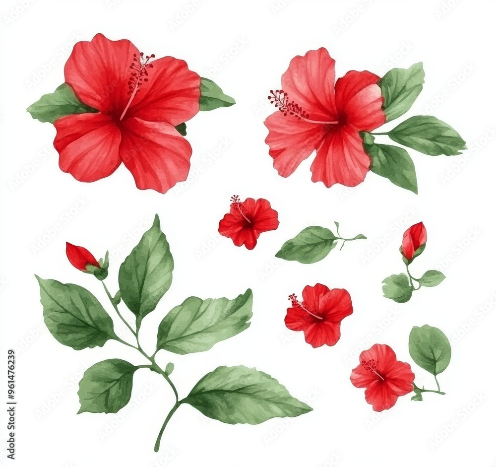 Flowers, leaves, buds of a red hibiscus painted in watercolor. Flowers, leaves, buds of a red hibiscus painted in watercolor.