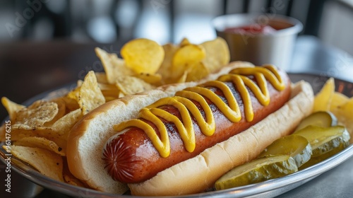 Classic American hot dogs served with mustard and ketchup, accompanied by a side of potato chips and pickles. photo