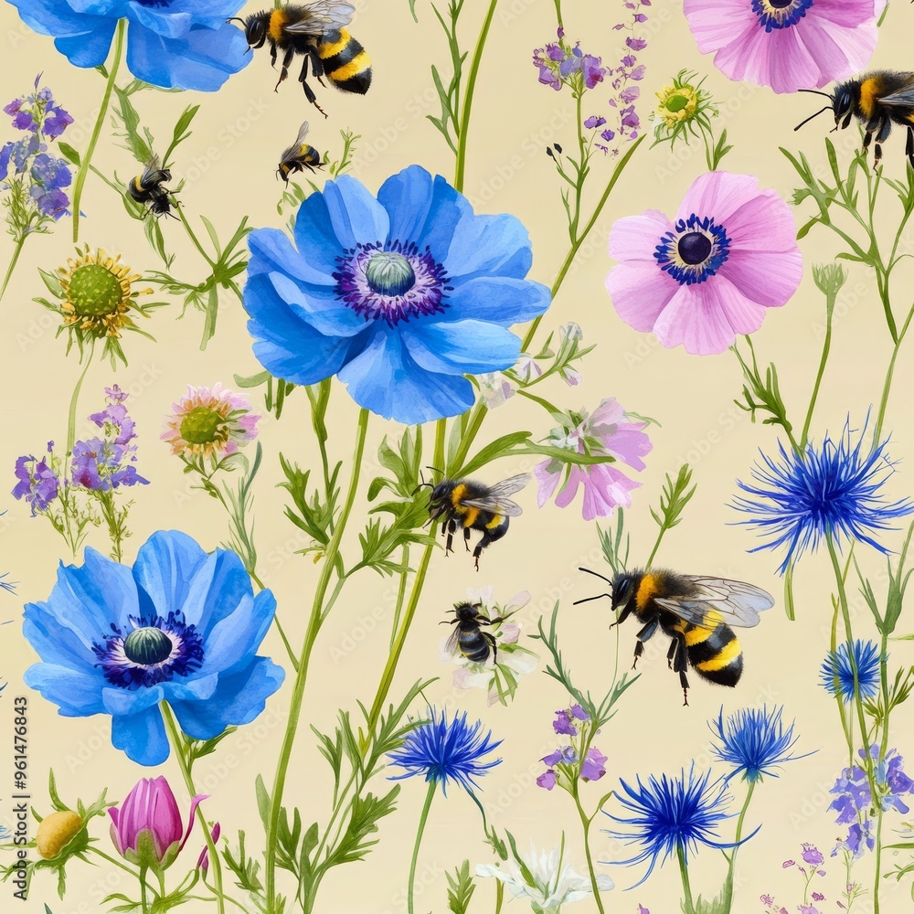 Pattern of roses, wildflowers, and bees on a seamless background. Pattern of roses, wildflowers, and bees on a seamless background.