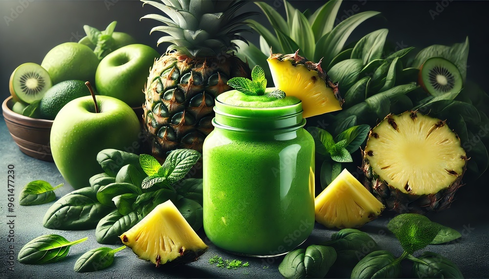A vibrant, green pineapple smoothie in a glass jar A vibrant, green pineapple smoothie in a glass jar