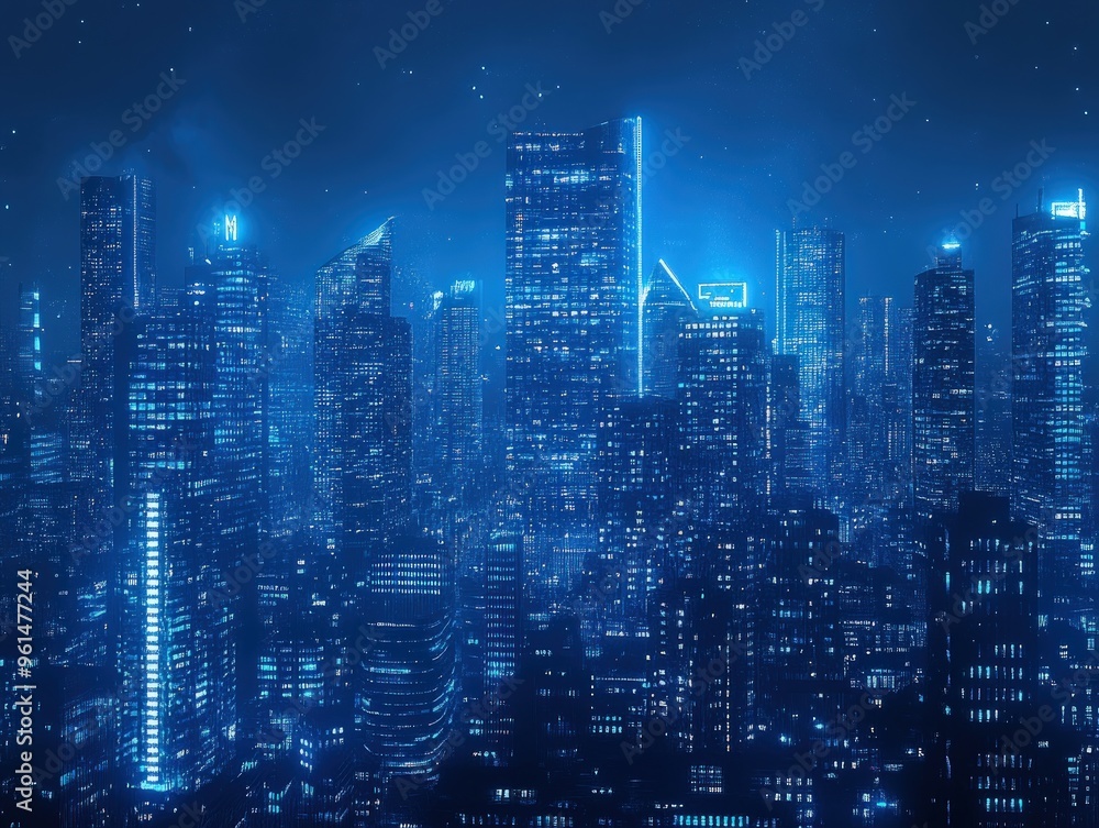 Night Cityscape with Blue Neon Lights Night Cityscape with Blue Neon Lights