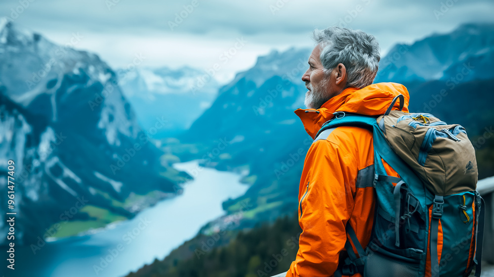 A senior man in bright hiking attire stands on a trail, gazing out over a stunning valley. The mountains loom in the background under a cloudy sky, creating a tranquil atmosphere A senior man in bright hiking attire stands on a trail, gazing out over a stunning valley. The mountains loom in the background under a cloudy sky, creating a tranquil atmosphere