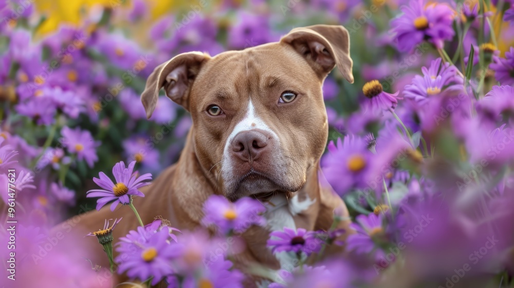 Fototapeta premium A brown-and-white dog sits in a field of purple and yellow blooms, one eye fixated on the camera