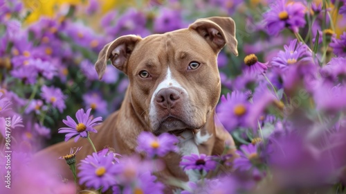  A brown-and-white dog sits in a field of purple and yellow blooms, one eye fixated on the camera photo