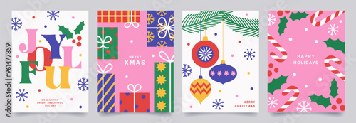 Set of Merry Christmas poster or greeting card. Trendy modern design with gifts, holly, snowflakes, branches Christmas tree decorated  balls and toys. Vector templates for banner, holiday cover.