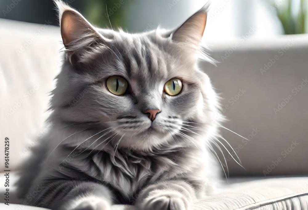 a cute grey cat, a pet cat in the home, cat staring surprisingly a cute grey cat, a pet cat in the home, cat staring surprisingly
