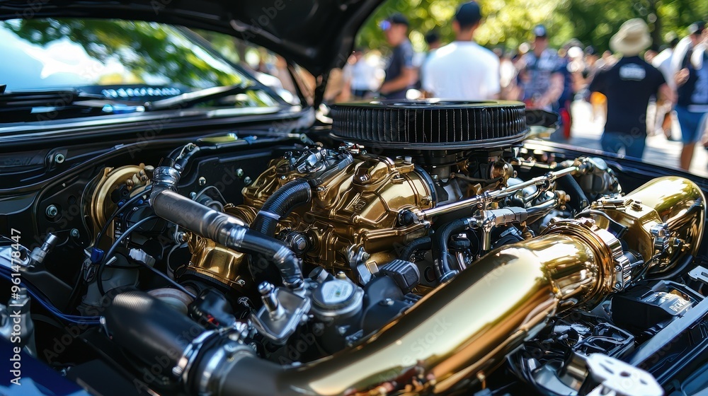Gold Engine Under The Hood Car Detail Close Up Gold Engine Under The Hood Car Detail Close Up