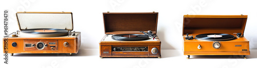 Retro Record Players Collection with Various Turntable Styles, Open and Closed Cases, Presented on White Background, Frontal Perspective