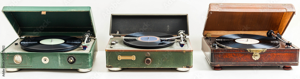 Three Types of Vintage Turntables in Open and Closed Cases Isolated on ...