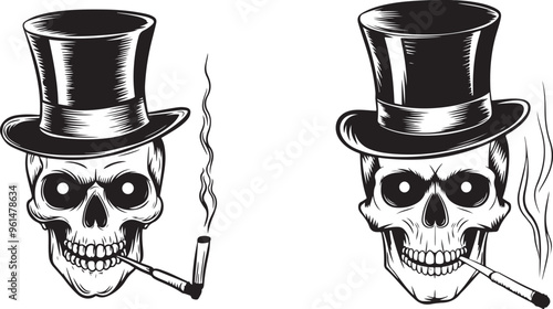 Vintage monochrome gangster skull smoking cigarette