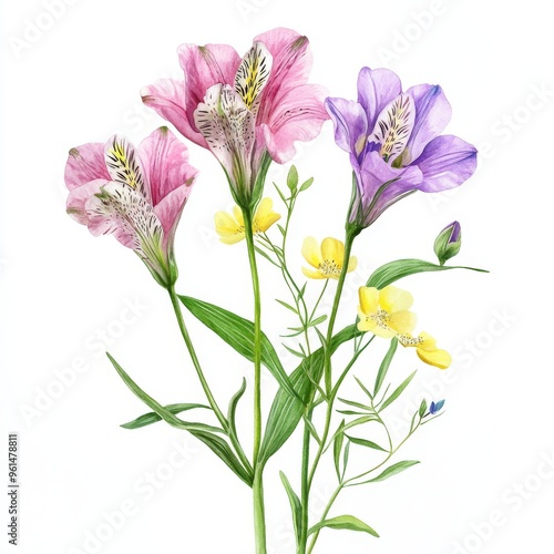 The bouquet of summer flowers is isolated on a white background. The illustration is hand-drawn in watercolor.