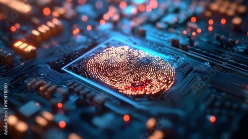 A glowing digital fingerprint embedded within a circuit board, symbolizing the intersection of cybersecurity, biometric authentication, and technological advancement. The image evokes themes of identi photo