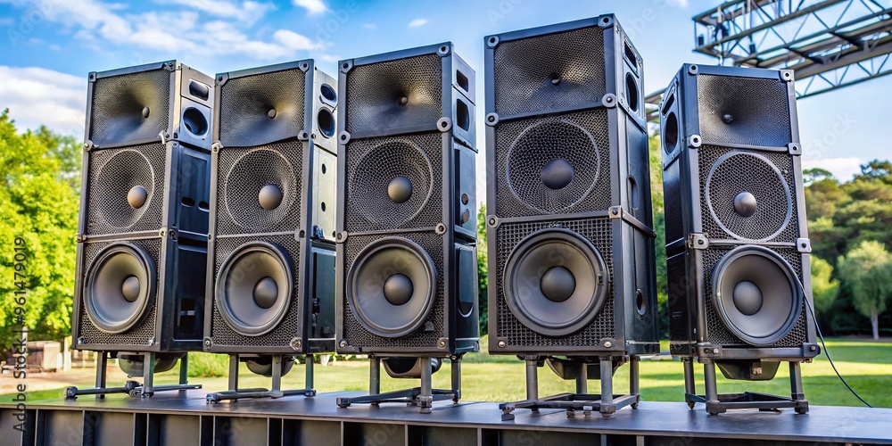 Obraz premium A sleek, modern loudspeaker system with multiple woofers and tweeters mounted on a sturdy stand, ready to amplify sound at an outdoor concert or festival.