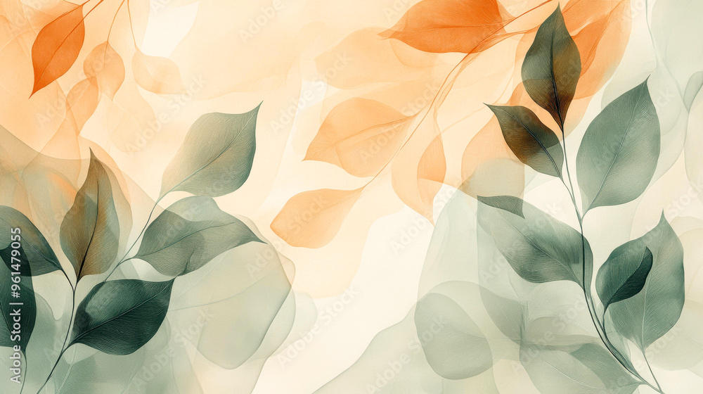 Soft, semi-transparent leaves in shades of orange and green against a light background, creating a calming and natural aesthetic, Ideal for backgrounds, decor Soft, semi-transparent leaves in shades of orange and green against a light background, creating a calming and natural aesthetic, Ideal for backgrounds, decor