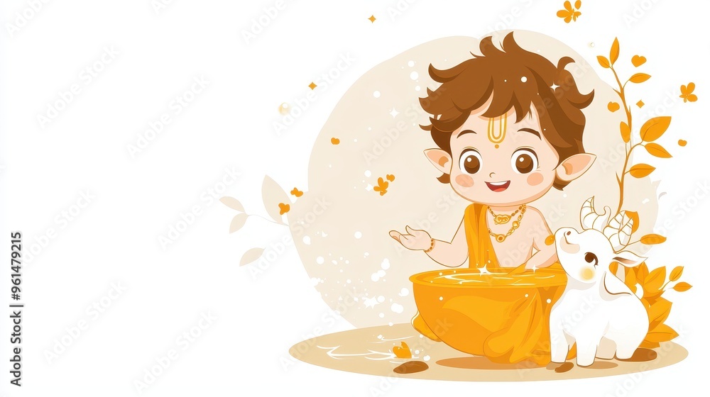 Cute Hindu God Krishna Cartoon Illustration with Cow