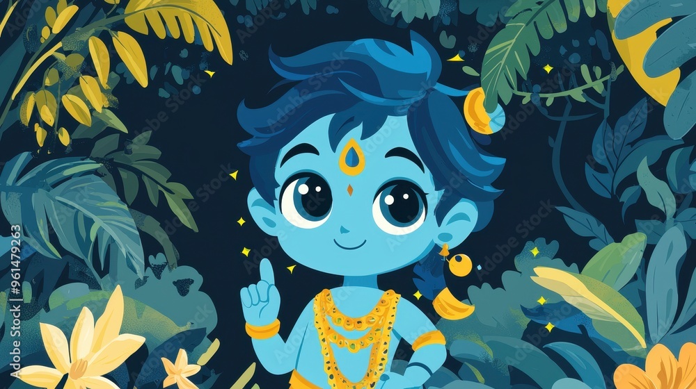 Cute Cartoon Krishna Illustration with Floral Background Cute Cartoon Krishna Illustration with Floral Background