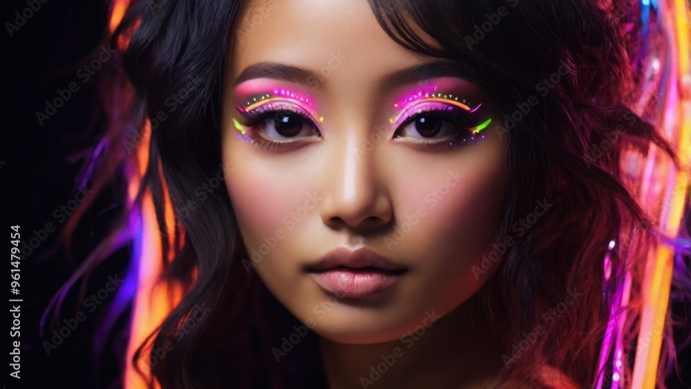 Asian woman with pink, orange, green and purple neon mascara and eyeliner, glowing in the dark Y3K style Asian woman with pink, orange, green and purple neon mascara and eyeliner, glowing in the dark Y3K style
