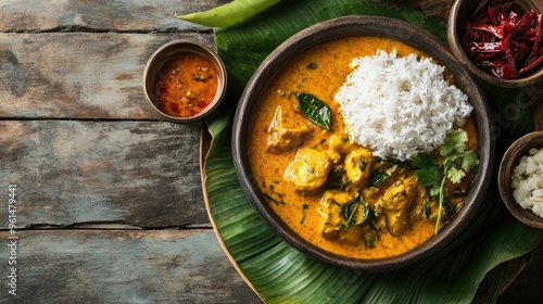 Kiribath and fish curry, a traditional Sri Lankan breakfast combination. Copy space available photo