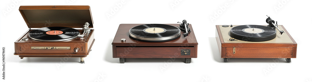 Fototapeta premium Vintage Record Players Collection Featuring Three Distinct Turntable Styles with Open and Closed Cases Isolated on White Background, Frontal View Perspective