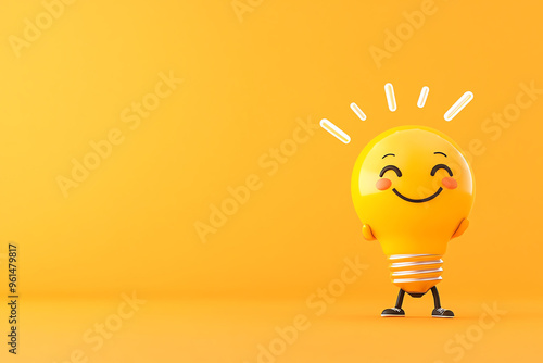 Cheerful cartoon light bulb character with a happy smile, set against a vibrant yellow background, symbolizing creativity and ideas. photo