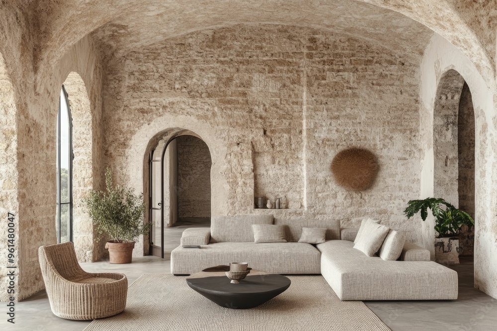 A spacious, minimalist living room featuring natural materials and earthy tones. A spacious, minimalist living room featuring natural materials and earthy tones.