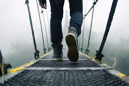 A person walking on a suspension bridge through fog, showcasing adventure and tranquility in nature's embrace. photo