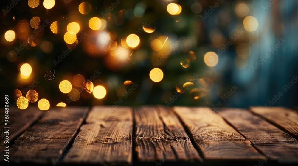 Festive background with wooden tabletop, blurred fir tree, and bokeh lights for product display. Festive background with wooden tabletop, blurred fir tree, and bokeh lights for product display.