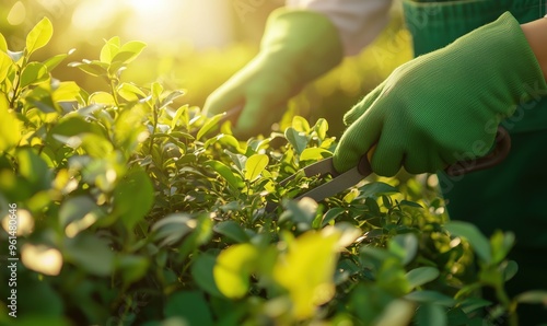Fototapeta Naklejka Na Ścianę i Meble -  A close-up shot of a gardener wearing green gloves, carefully trimming a vibrant hedge in the sunlight. The image captures the beauty of gardening and the dedication to maintaining a well-kept garden